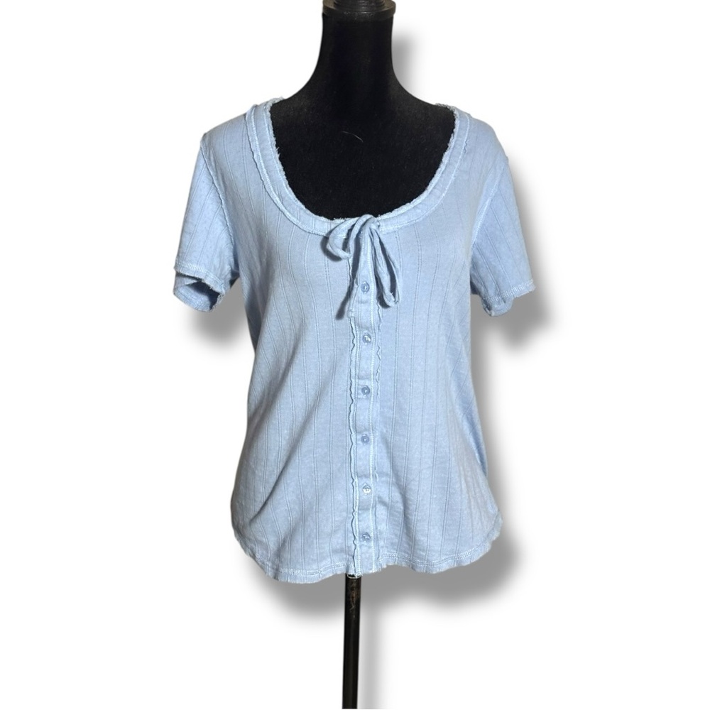 Aerie Light Blue Soft Cotton Button-Down Tie Front Short Sleeved Blouse - Picture 1 of 15